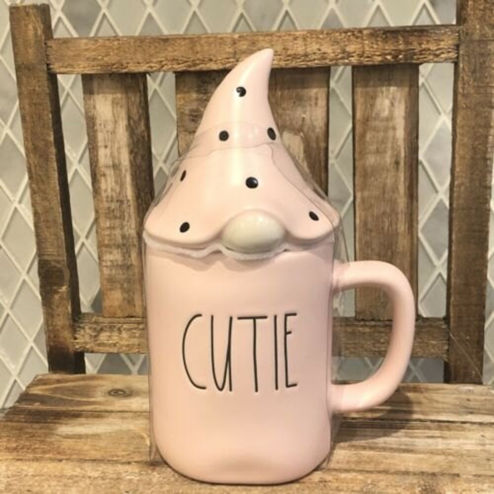 New RAE DUNN Valentine’s Day LL "CUTIE" Pink Mug With Gnome Topper